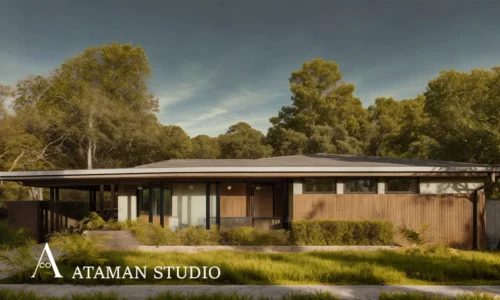 Single-family contemporary home with low-slope roof and large windows