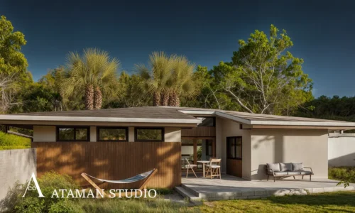 Modern single-story home with open facade and driveway view