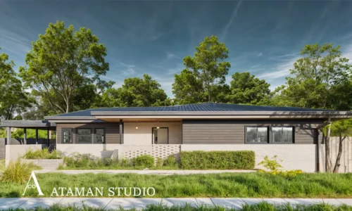Modern house exterior with large glass panels and integrated lighting