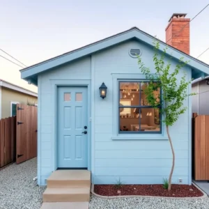 Small detached ADU in Malibu painted light blue, featuring modern coastal design with wood fencing and a compact front entry.