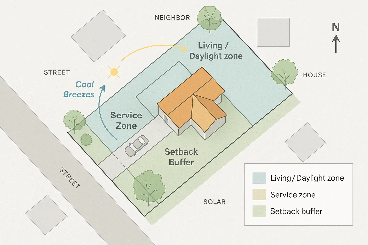 Zoning and site analysis diagram of a California residential lot showing living/daylight zone, service zone, setback buffer, solar path, and wind direction