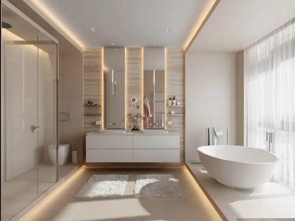 Modern bathroom remodel with freestanding tub and double vanity