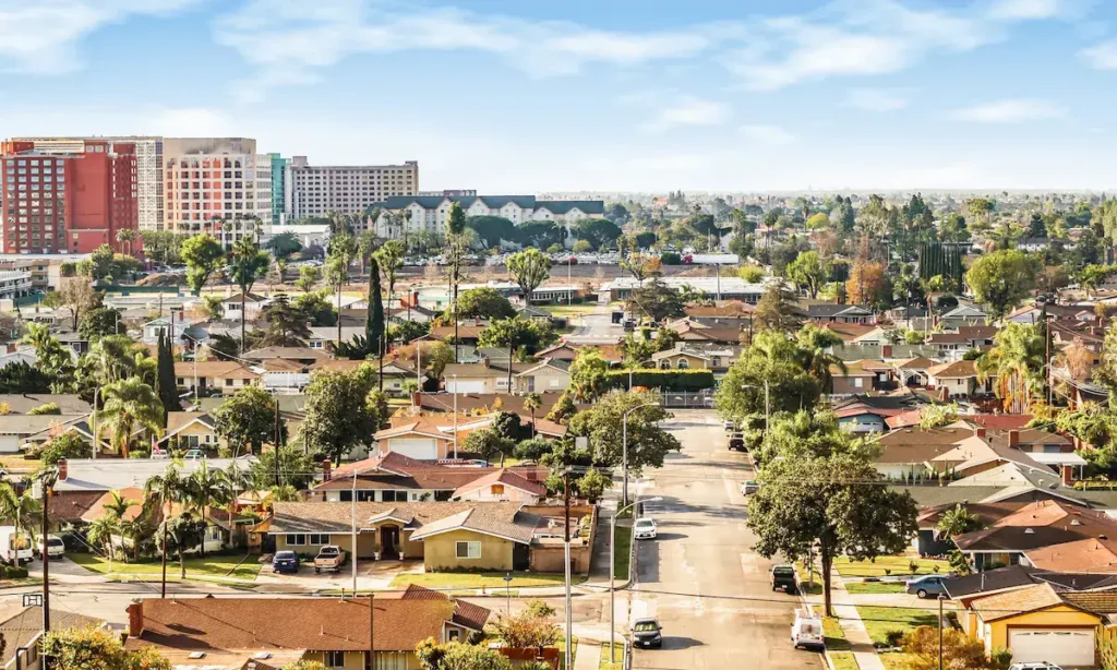 range County residential area with single-family homes and city buildings