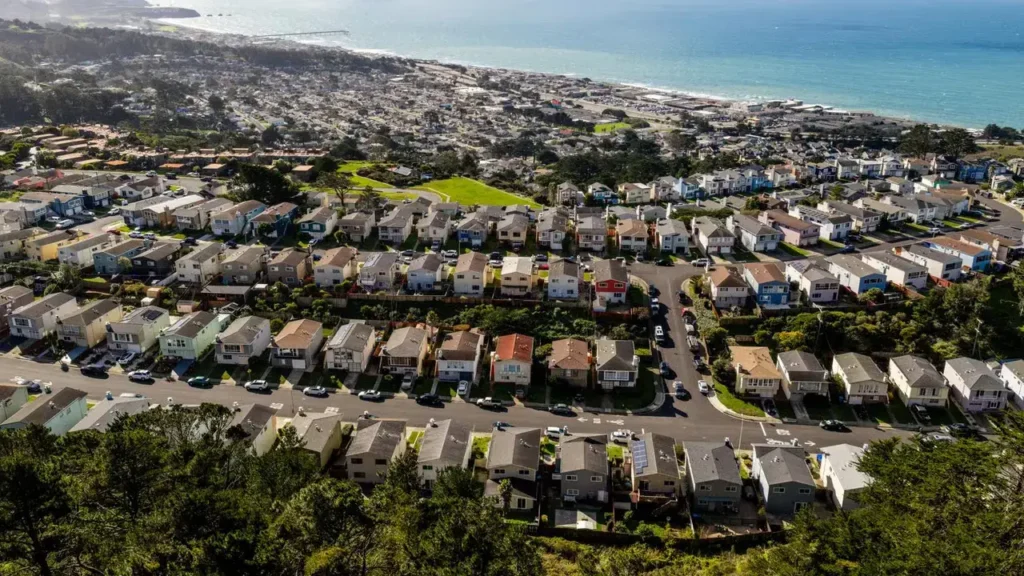 San Francisco Bay Area suburban housing near coastline California