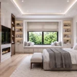 Modern master bedroom with natural light and built-in shelving
