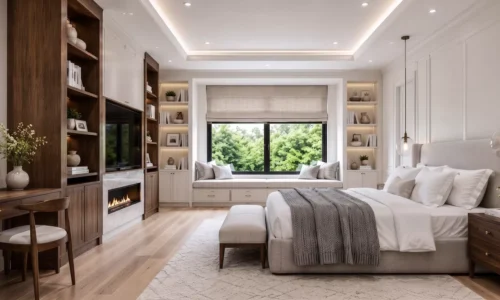 Modern master bedroom with natural light and built-in shelving