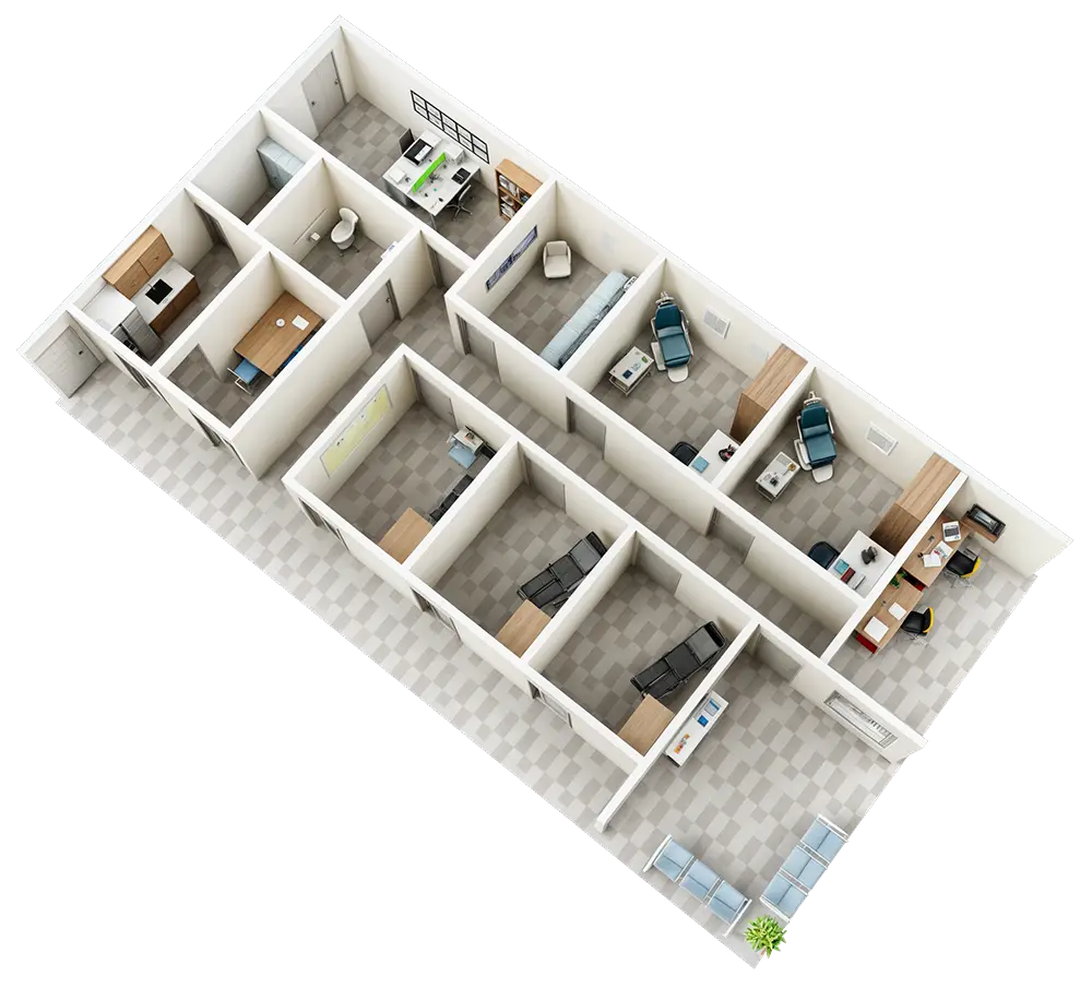 3D floor plan of medical consultation center interior layout