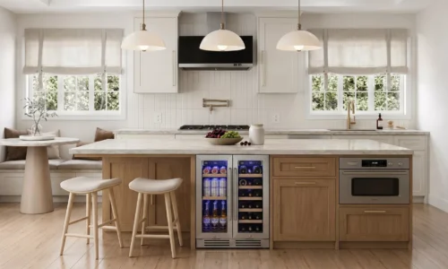 Modern kitchen with wine cooler and warm wood cabinetry accents