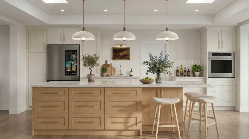 Open-concept kitchen and dining area in custom California home