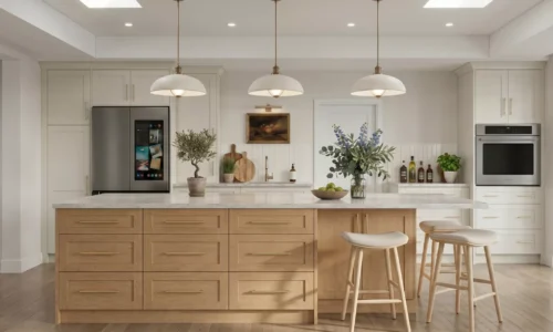 Open-concept kitchen and dining area in custom California home
