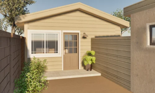Compact one-bedroom garage conversion ADU exterior rendering