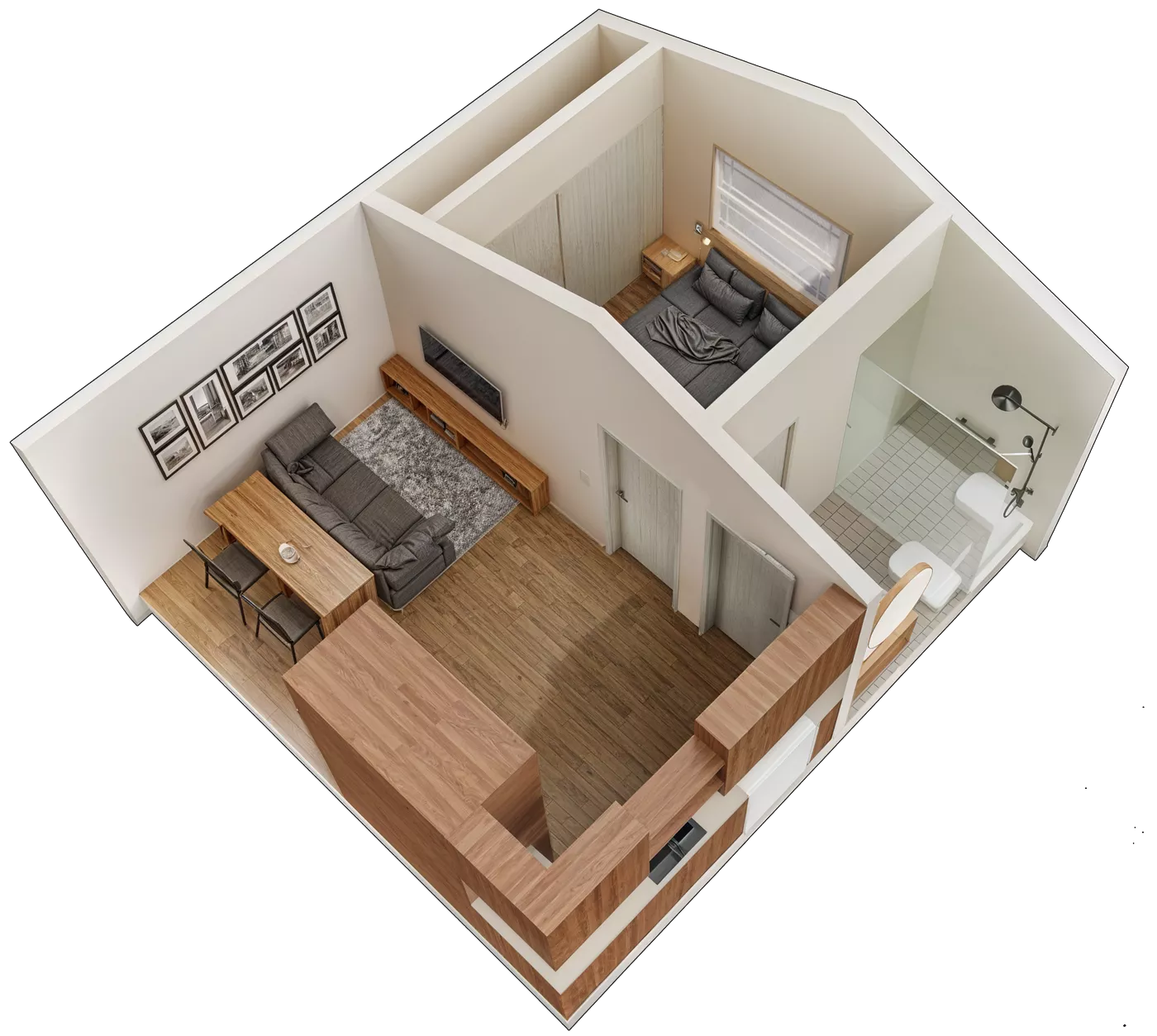 3D floor plan of compact garage conversion ADU interior layout