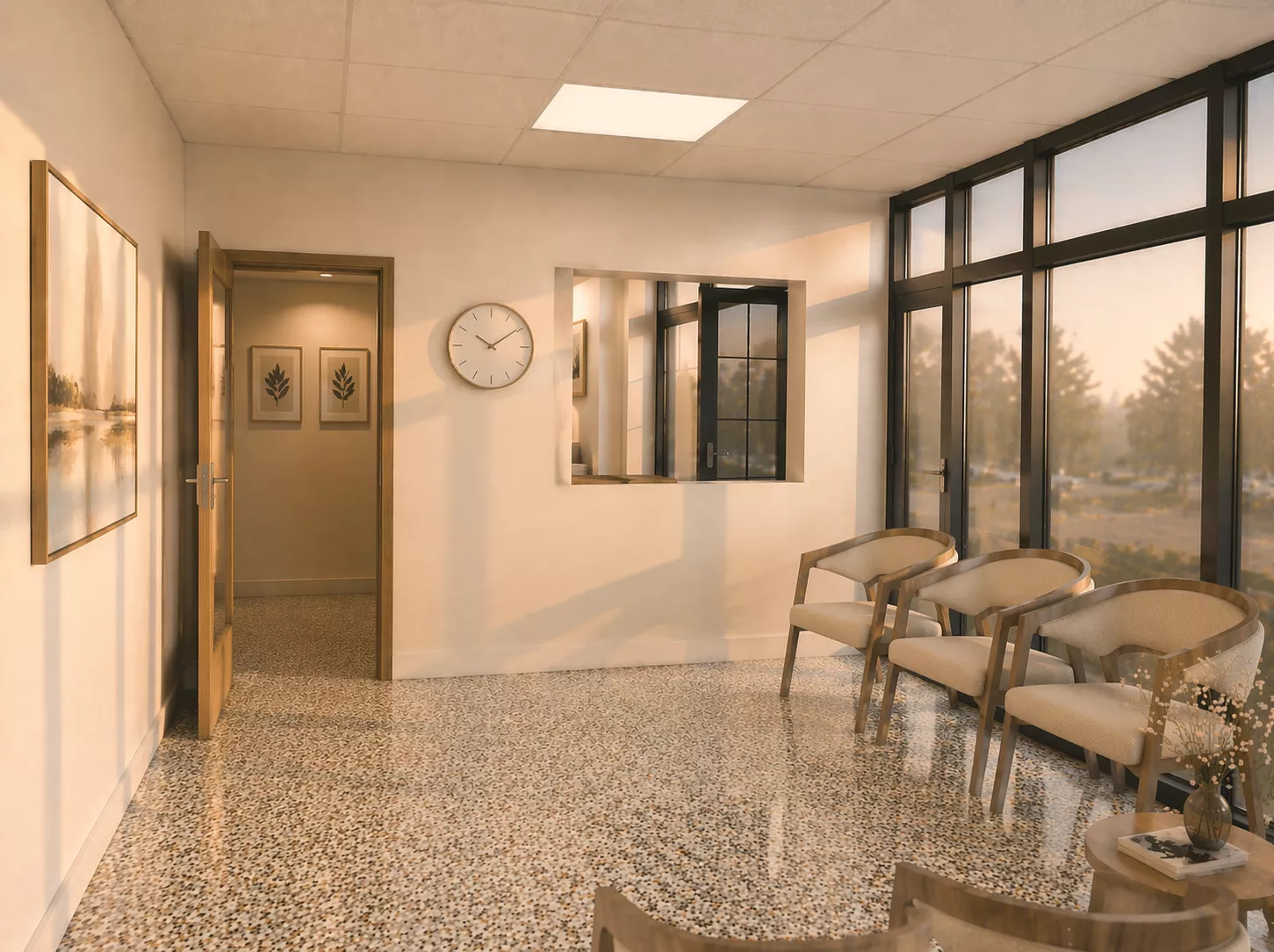 Modern medical office waiting room with natural light and seating area