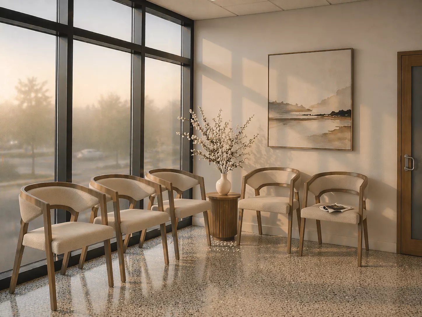 Contemporary healthcare waiting area in commercial tenant improvement project