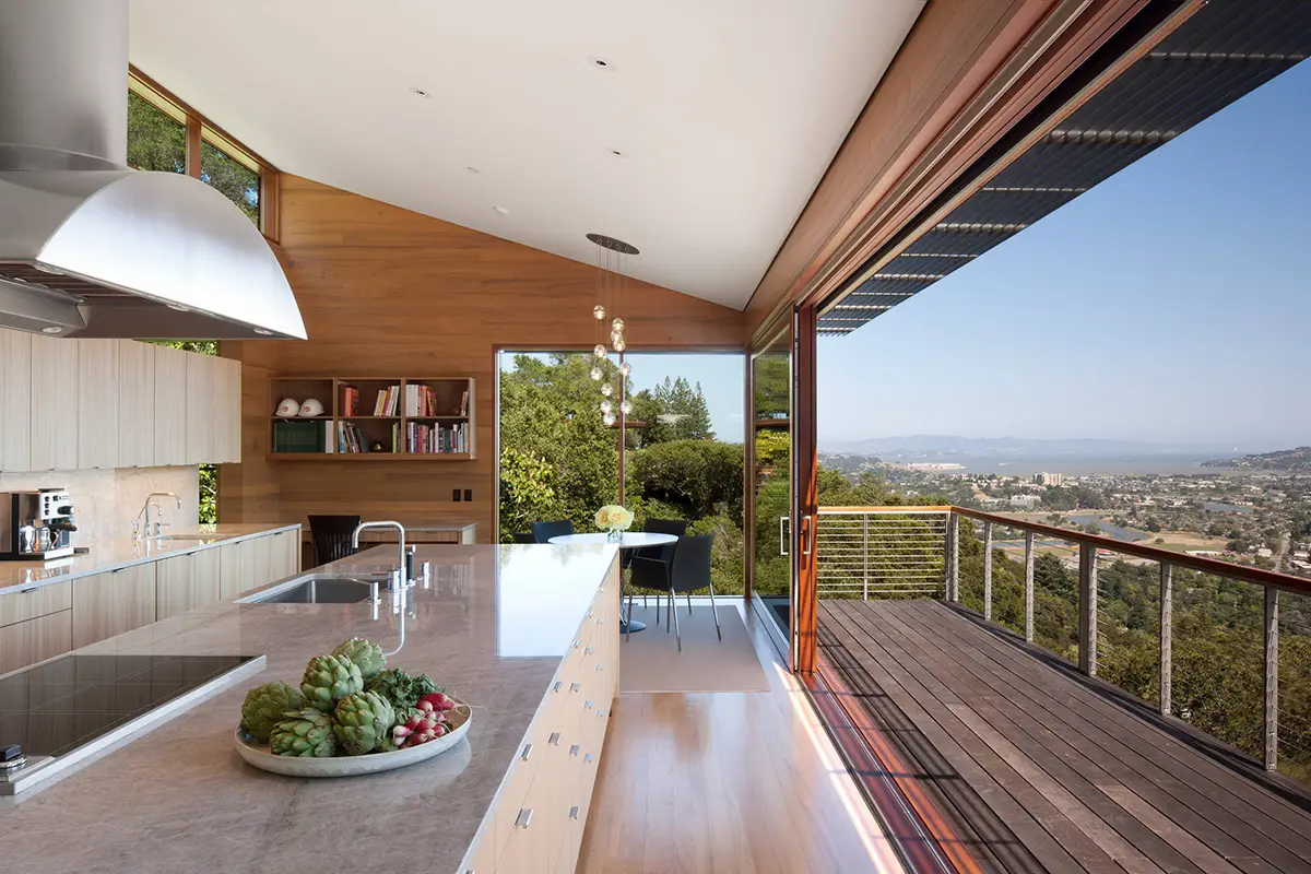 Modern hillside home interior in California with panoramic view terrace