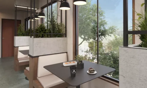Modern food retail booth seating interior in Banning tenant improvement project