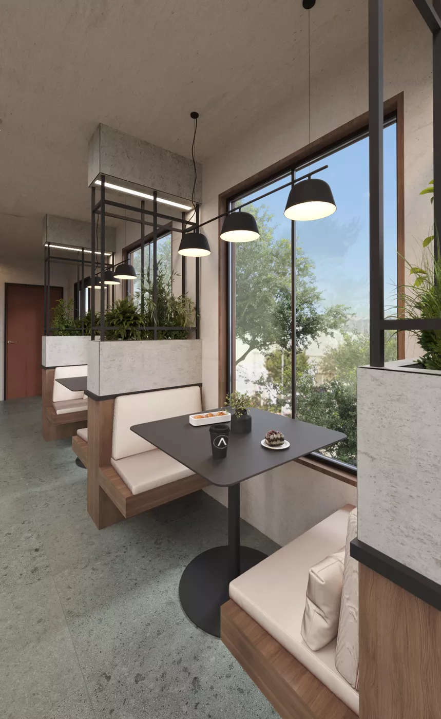 Modern food retail booth seating interior in Banning tenant improvement project