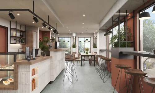 Contemporary food retail interior with customer seating and service layout
