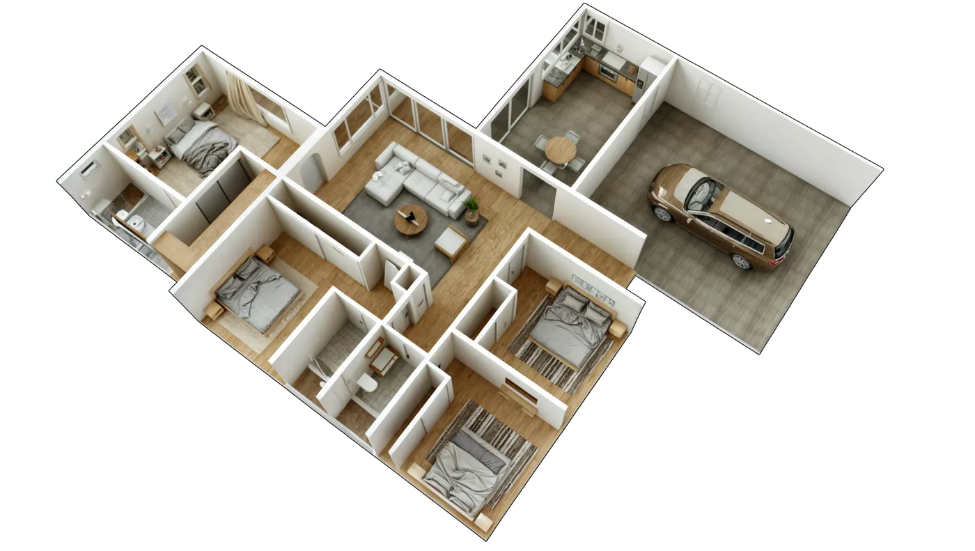 3D floor plan rendering of remodeled single-story home interior layout