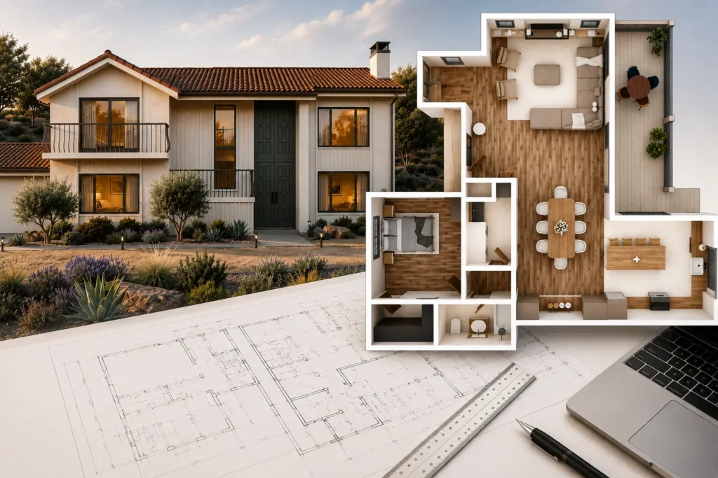California residential permit review process with custom home design and 3D floor plan visualization