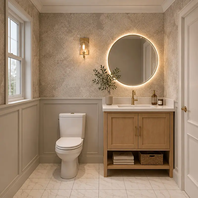 Classic bathroom remodel with wood vanity and illuminated mirror