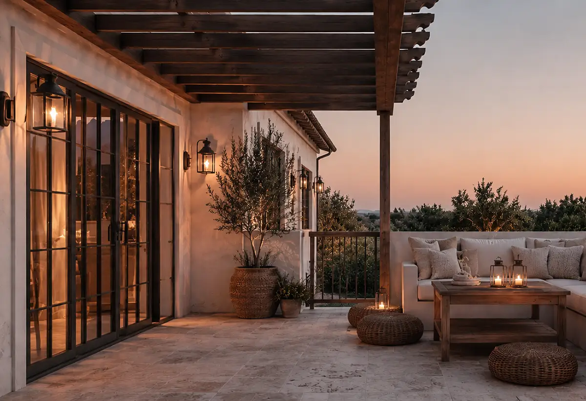 Custom home terrace with outdoor seating and sunset views