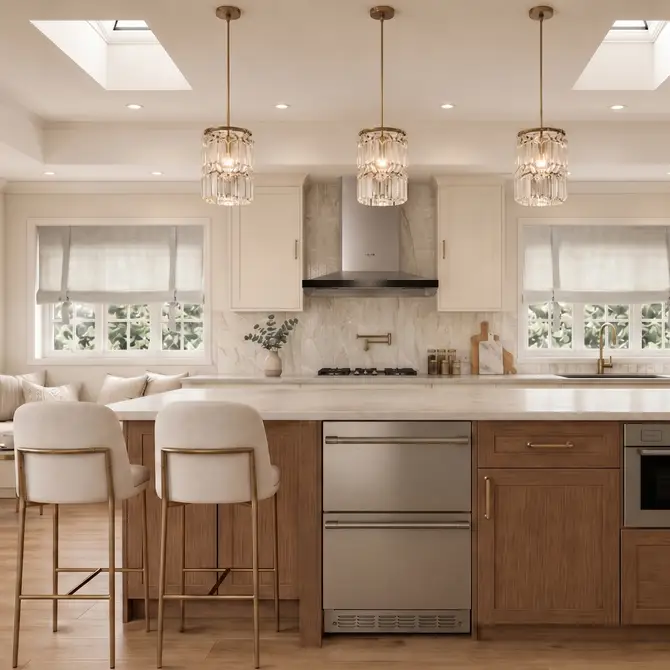 Custom kitchen remodel with wood cabinetry and marble island