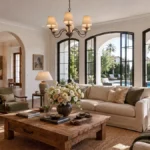 Elegant California living room with arched windows, custom built-ins, and indoor-outdoor views