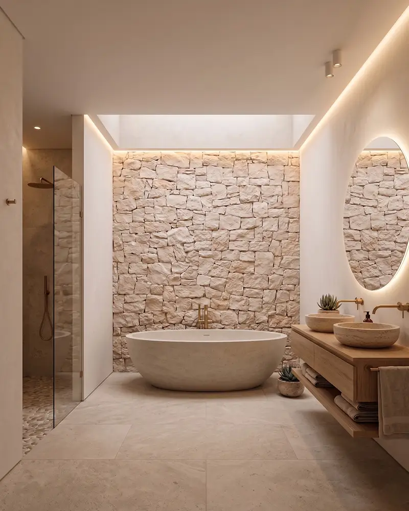 Luxury Malibu bathroom with freestanding stone tub, walk-in shower, and natural stone accent wall