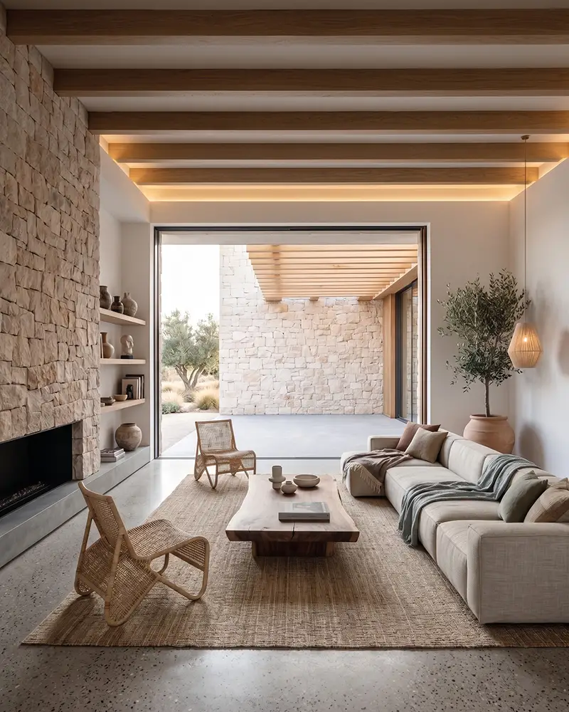 Luxury Malibu living room with exposed wood beams, stone fireplace, and seamless indoor-outdoor design