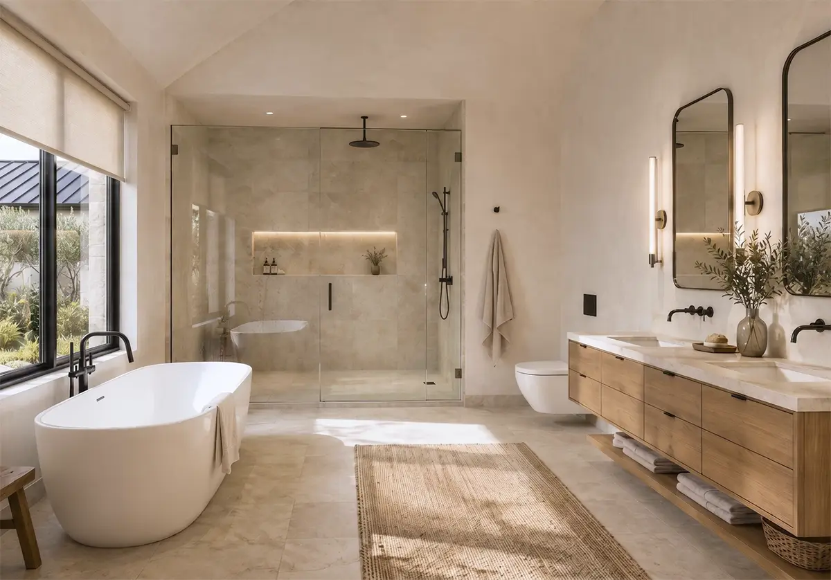 Luxury bathroom renovation with walk-in shower and double vanity