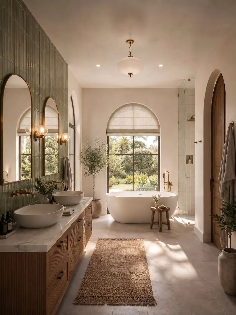 Luxury bathroom with custom vanity, freestanding tub, and walk-in shower