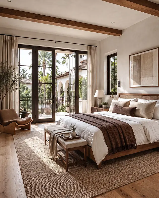 Luxury bedroom with wood beam ceiling, custom furnishings, and private balcony