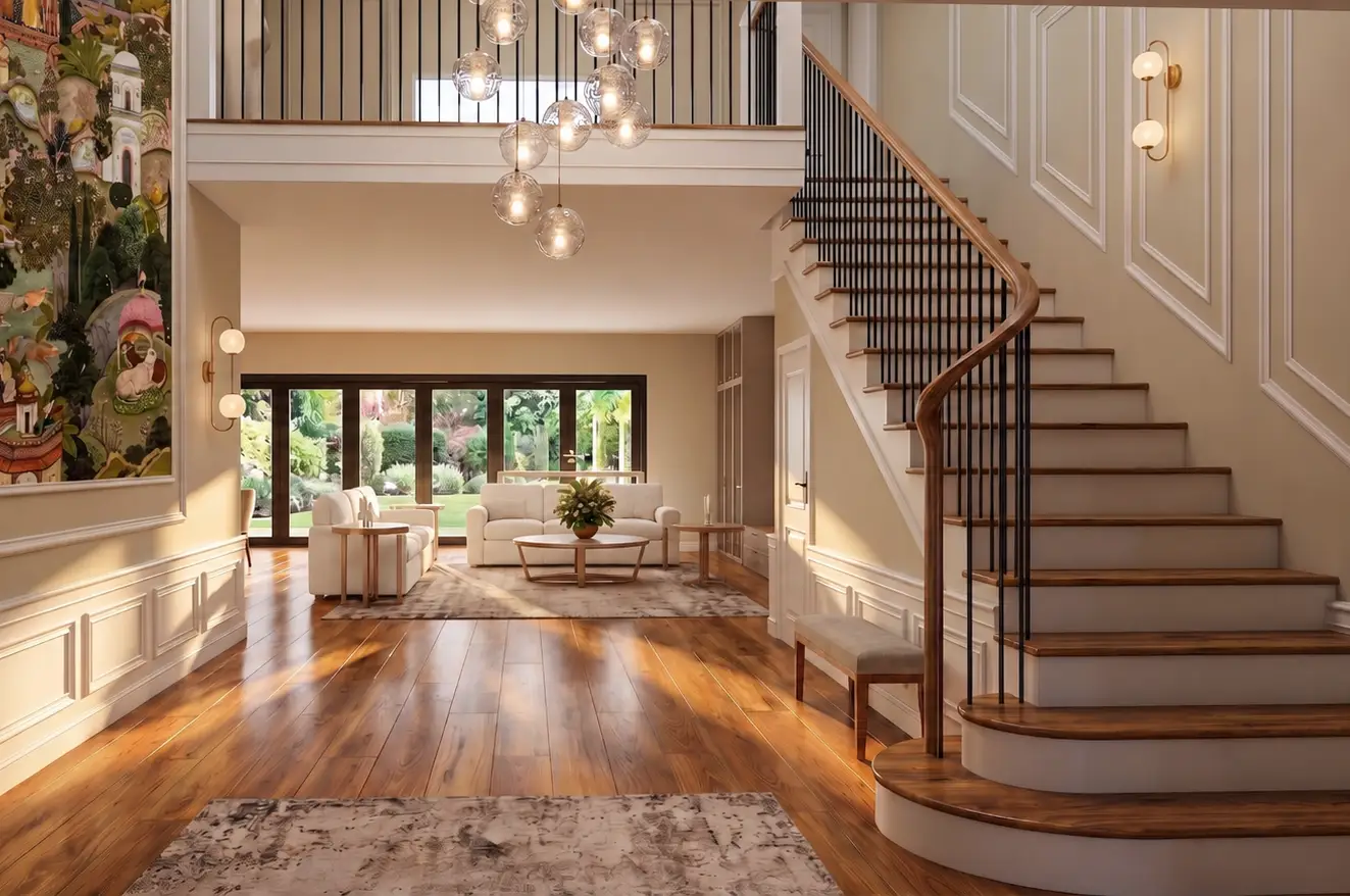 Luxury home interior with grand staircase, open living space, and natural light