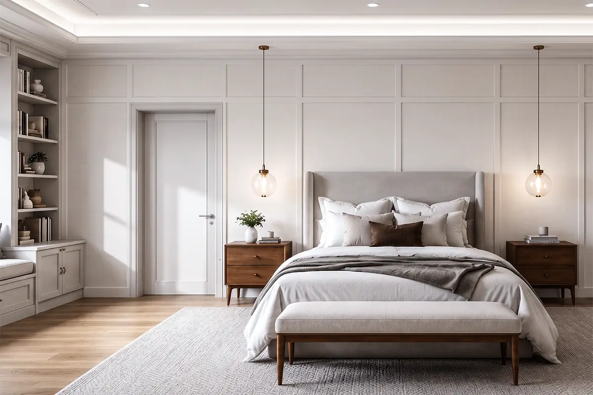 Luxury remodeled bedroom with custom millwork, built-in storage, and warm wood accents