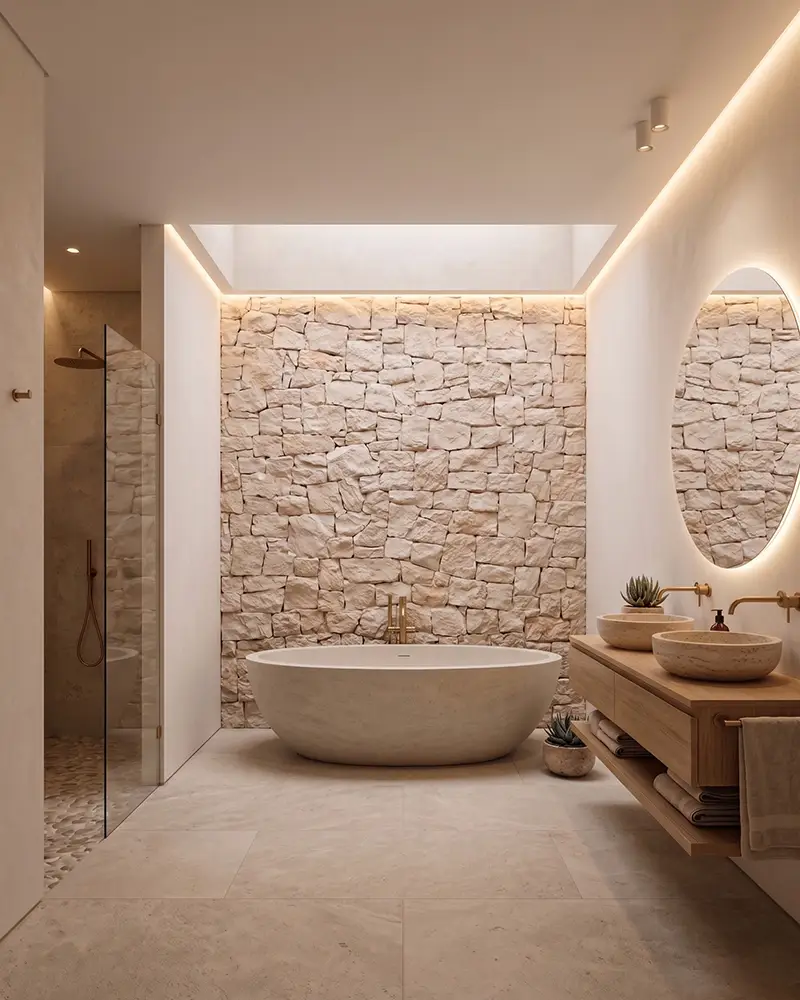 Modern bathroom remodel with freestanding tub and stone accent wall