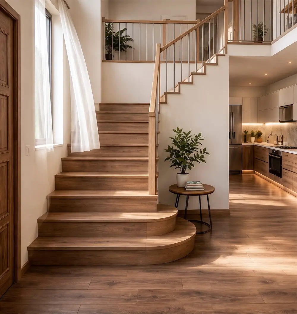 Modern staircase and interior design in California home