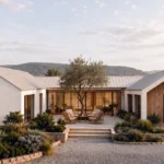 Custom home design in California with courtyard layout and modern architecture