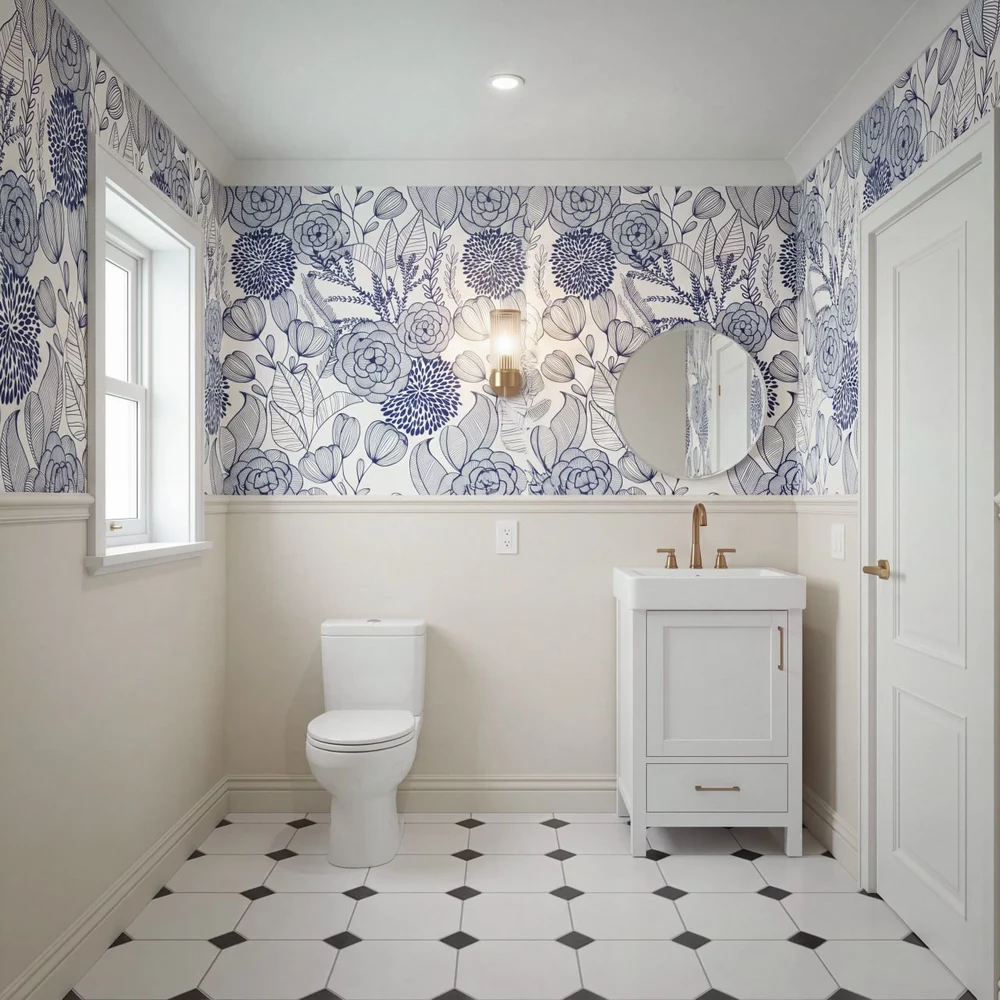 Bright bathroom with blue floral wallpaper, white vanity, and black-and-white tile floor