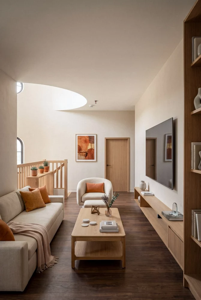 Bright open-plan living space with curved ceiling and wood accents
