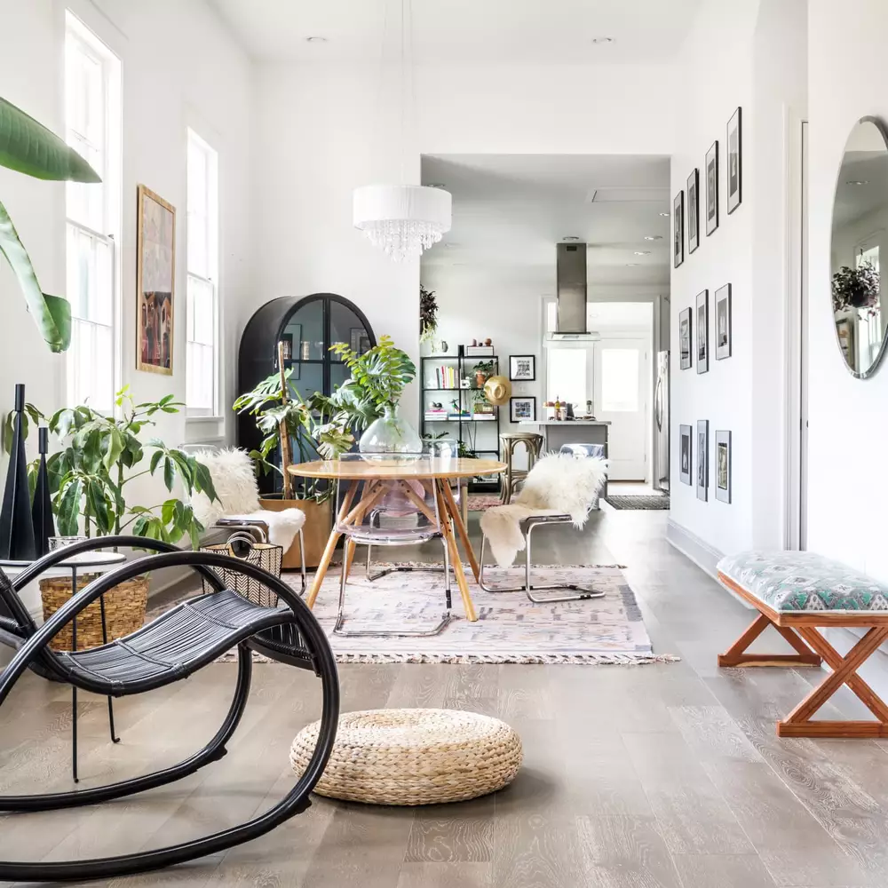 Open-plan dining and living area with indoor plants and natural light
