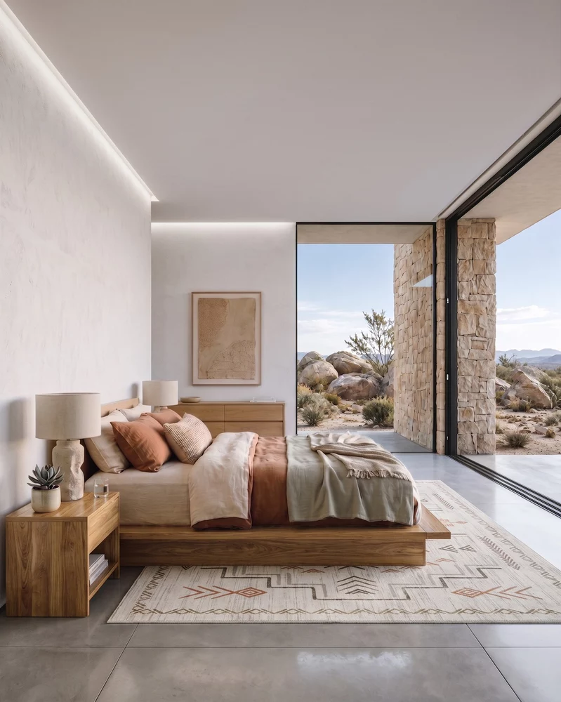 Contemporary bedroom design with soft textiles, wood accents, and natural light