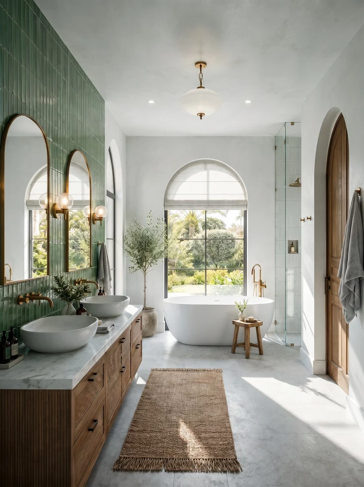 Luxury bathroom by Pasadena interior designer featuring green accent tiles, dual sinks and natural light