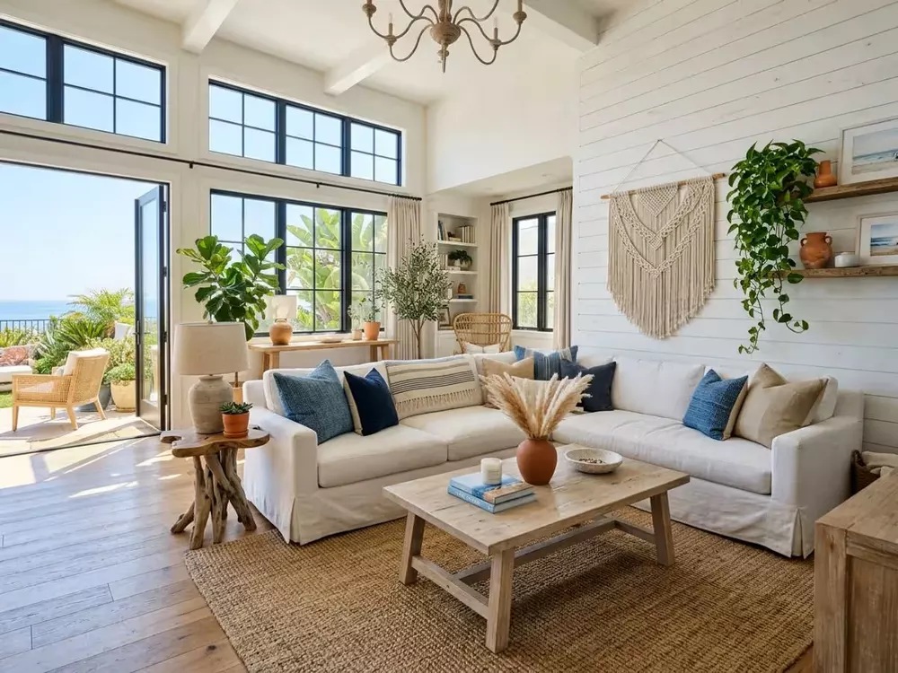 Bright open living space in West Hollywood with high ceilings