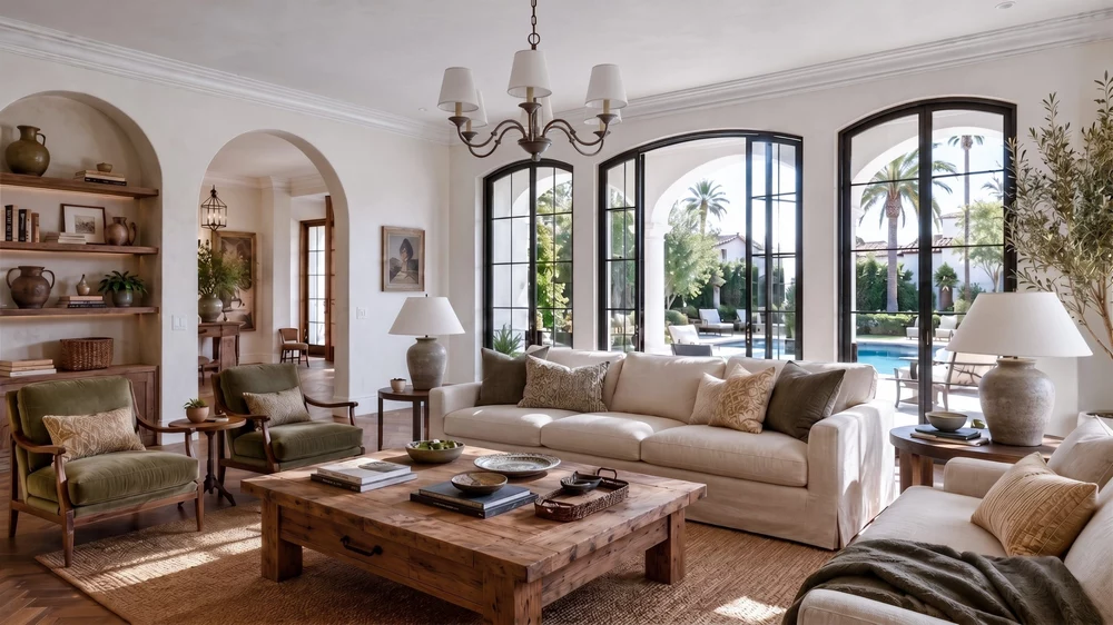 Luxury living room interior design in Santa Monica with natural light and neutral tones