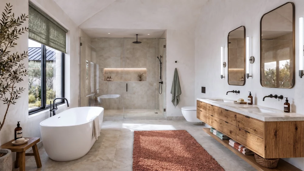Santa Monica luxury bathroom by interior designer with modern tub, custom vanity, and stone textures