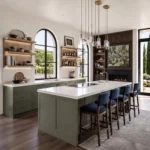 Modern kitchen interior design in Palo Alto with custom cabinetry, island, and pendant lights