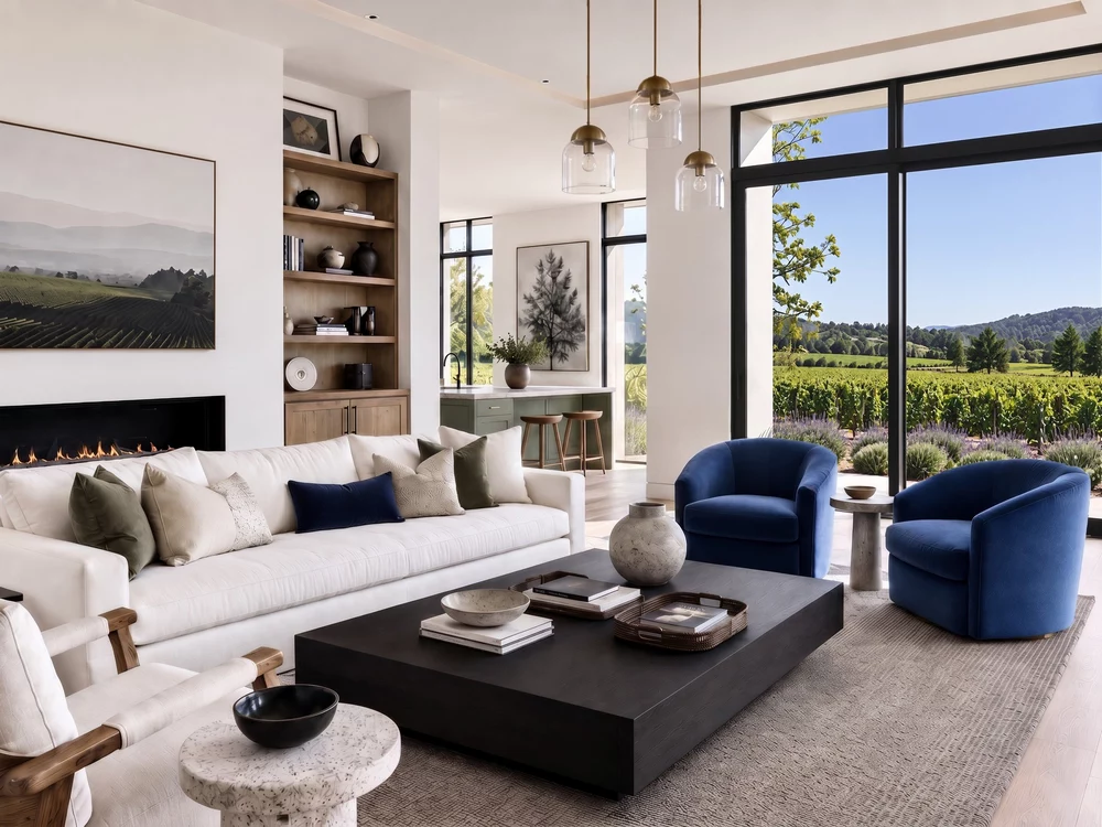 Contemporary living room interior design in Palo Alto with large windows, sofa, and accent chairs