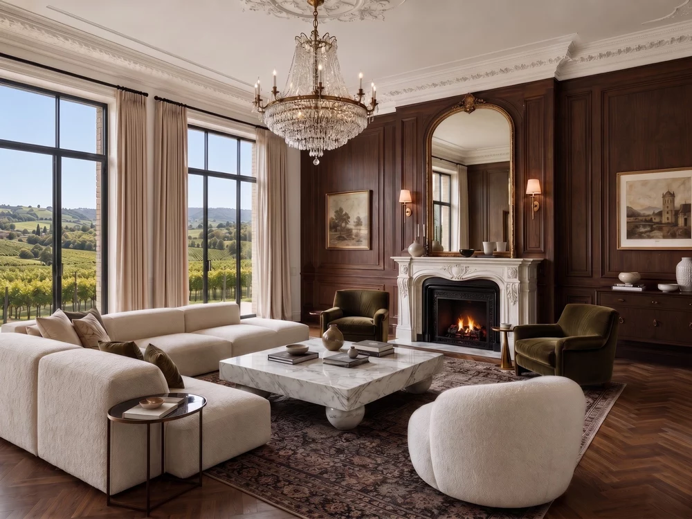Luxury living room interior design in Palo Alto with fireplace, chandelier, and custom wood paneling
