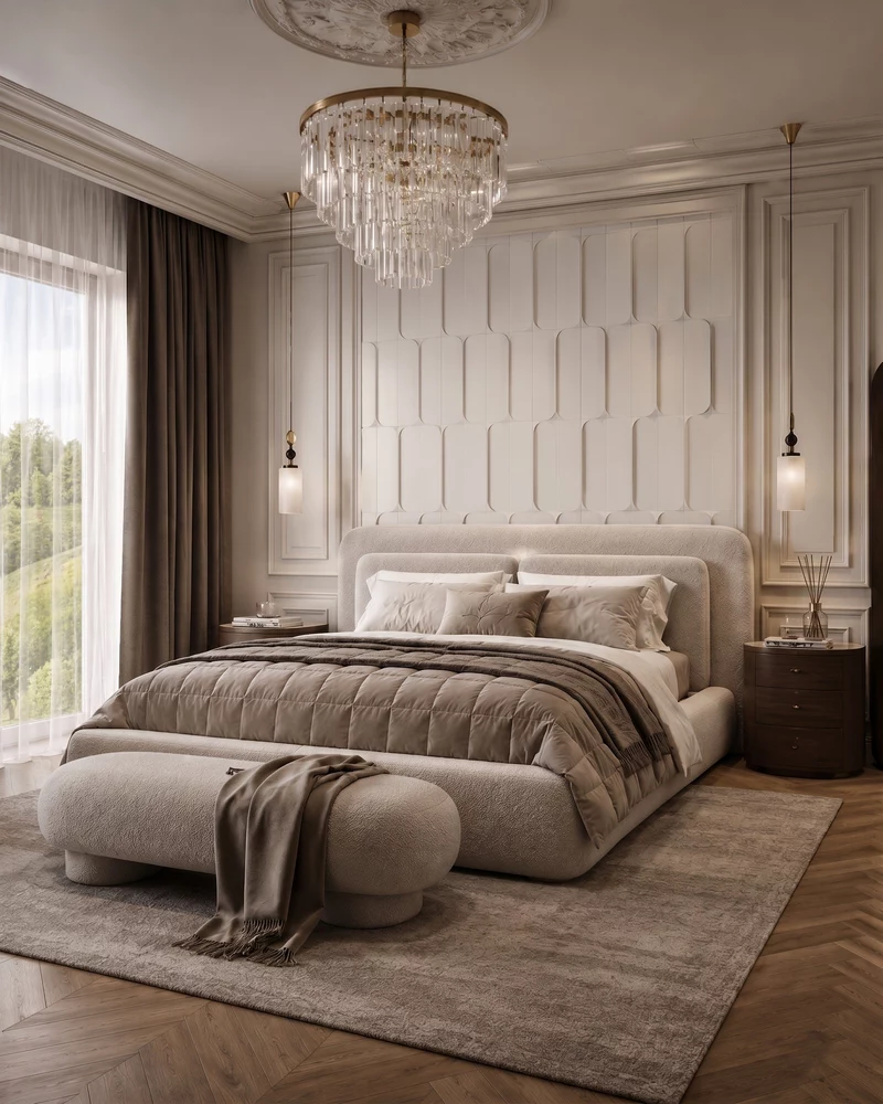 Pasadena interior design – luxury bedroom with upholstered bed, chandelier and elegant wall paneling